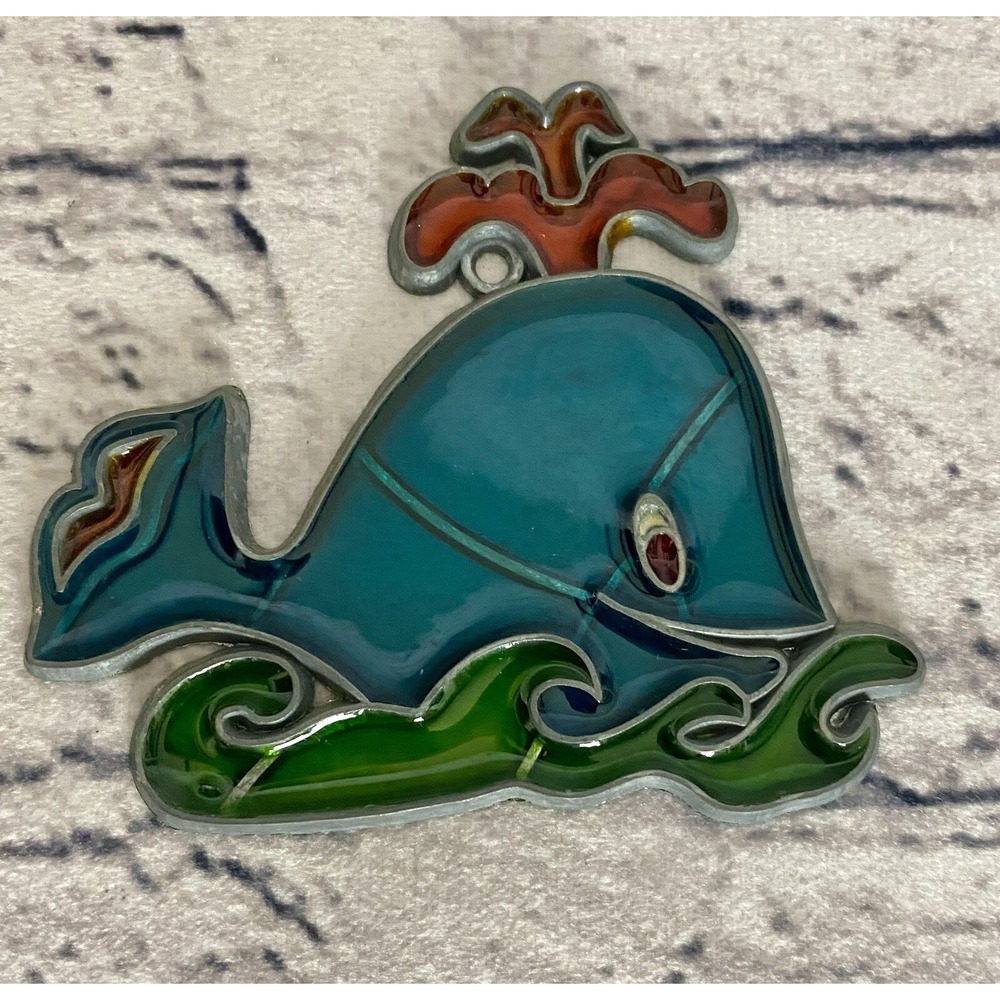 VTG Blue And Orange Whale Sun Catcher Stained Glass‎ Style 3" X 2 3/4" Kitschy